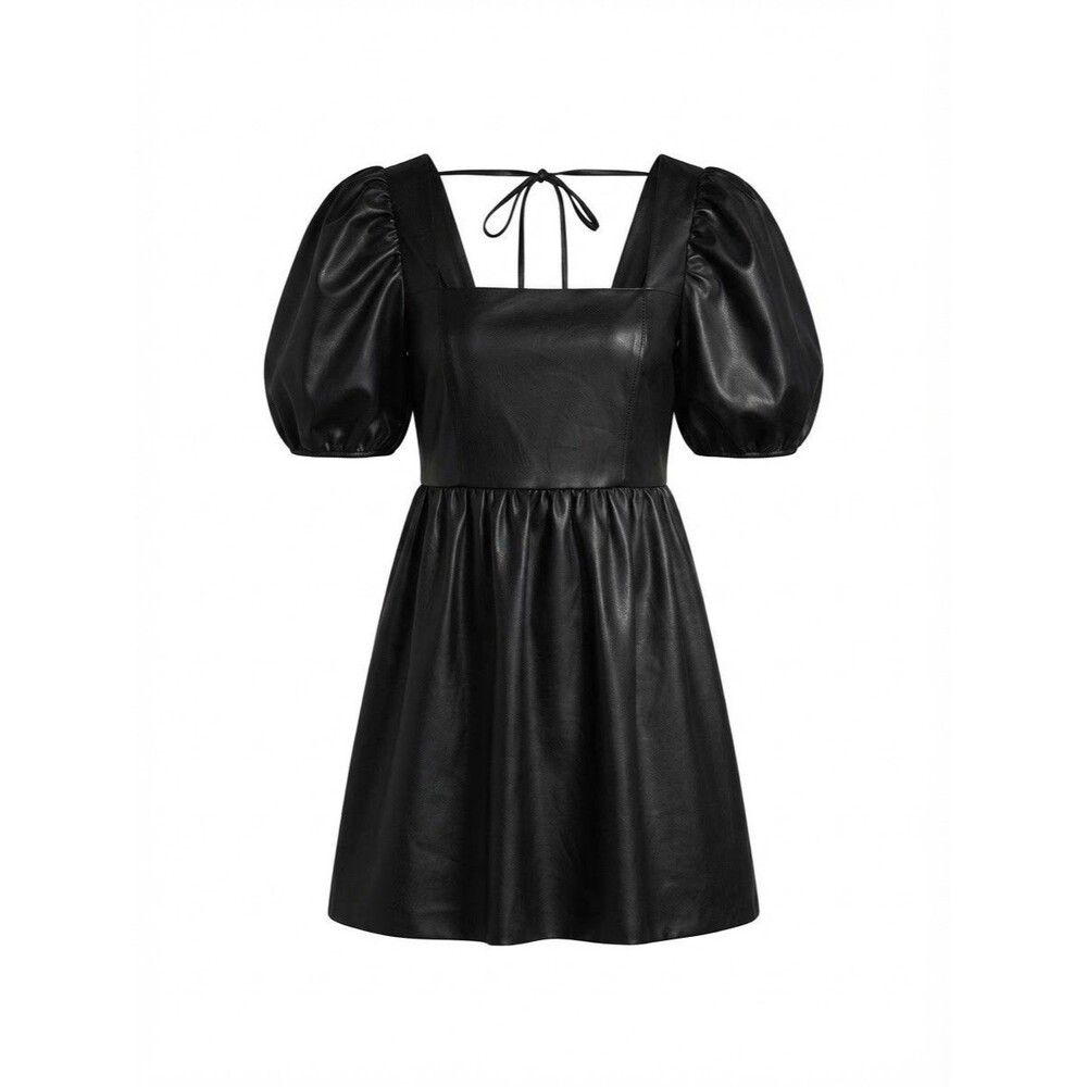 Altar'd State Black Faux Leather Puff Sleeve Tie Back Mini Dress Size S